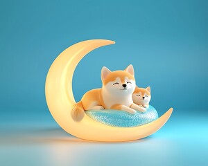 Fototapeta premium Petfluencer, Adorable 3D Render of Two Shiba Inu Dogs Relaxing on a Crescent Moon Under a Soft Blue Sky, Perfect for Pet Lovers and Playful Decor Ideas