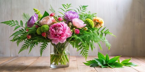 A colorful arrangement of long-stemmed flowers in a delicate glass vase filled with fresh greenery, ferns, peonies