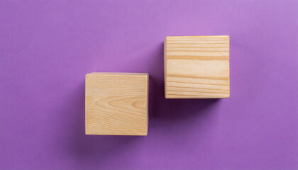 2 wooden cubes. Wood blocks. Flat lay. Place for adding text or design. Mock-up.
