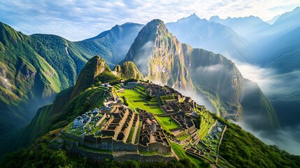 Majestic Machu Picchu sunrise, shrouded in mist, nestled in Andes mountains.