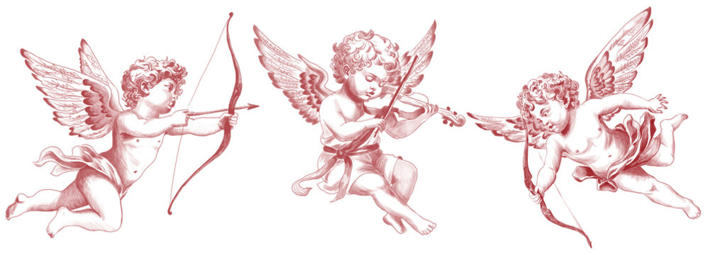 Naklejki Freehand collection Cupids scribble isolated on white background. Texture of writing materials. Handwritten valentines doodles and pencil strokes. Hand drawn gold set Cupidon line art