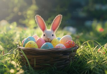 Adorable White Bunny Surrounded by Colorful Easter Eggs in a Natural Green Setting with Bright Sunlight and Soft Focus Background