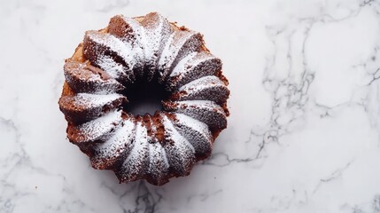 A top-down view of a chocolate bundt cake with powdered sugar dusting, on a clean white marble surface.