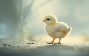 Adorable Yellow Chick Standing on a Soft, Blurred Background with a Gentle Light, Capturing the Essence of Spring and New Beginnings in Nature
