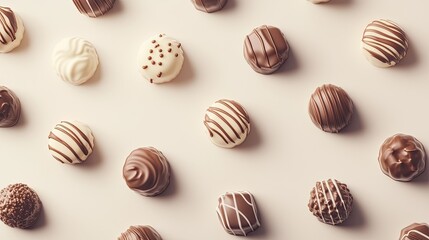 A variety of chocolate candies arranged in a pattern on a light beige surface with soft lighting.