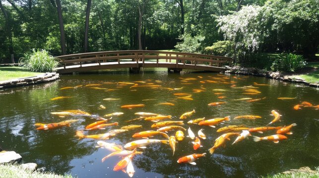 Koi pond with wooden bridge in a lush green garden.