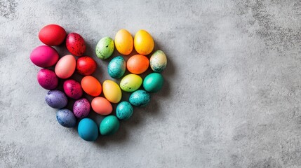 Brightly colored Easter eggs arranged to form a heart shape on a light gray concrete surface.
