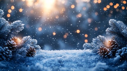 Fototapeta premium Snowy winter scene with pine branches, pinecones, and bokeh lights.