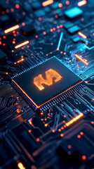 Obraz premium A close-up of a glowing microchip on a circuit board, showcasing intricate patterns and technology with vibrant blue and orange lights.