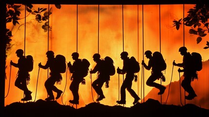 Hikers silhouette against fiery background.