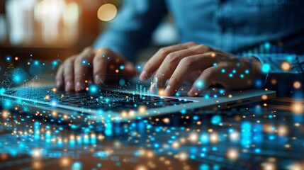 Person's hands typing on laptop with glowing data visualization.