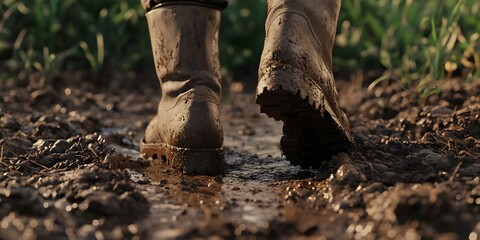 Close-Up of Farmer's Boots on a Muddy Path in a Field