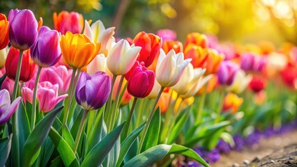 Vibrant spring tulips in a row, floral display, blooming flowers