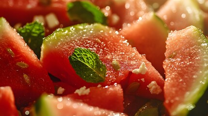 Fresh Watermelon Salad with Mint in Close-Up Shot