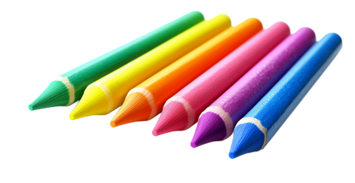 Colorful crayons and vibrant wax pastels arranged in a row, macro photography with smooth texture, studio lighting, isolated transparent background, primary and secondary colors, educational tools.
- Powered by Adobe