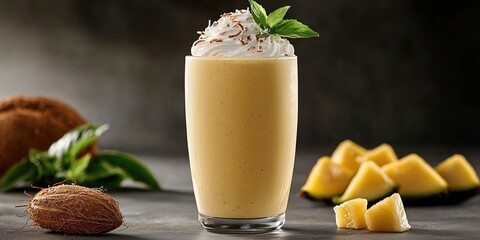 Creamy tropical smoothie topped with whipped cream and coconut, surrounded by fresh fruits and flavor