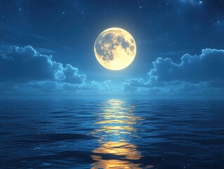 Full moon over calm ocean at night.
