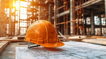 Construction Site with Safety Helmet and Blueprints