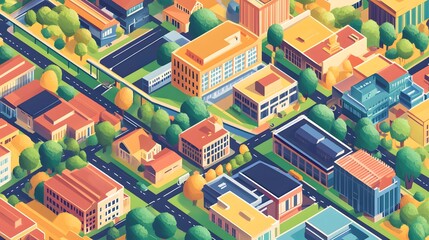 An isometric view of a city with buildings, trees, and roads.