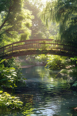 Obraz premium Serene Footbridge: A Tranquil Pathway Amidst Lush Greenery and Sunlit Waters