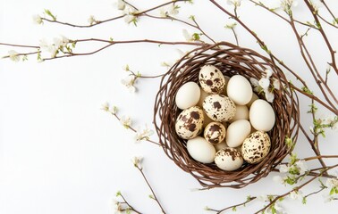 Beautiful Arrangement of Quail and Chicken Eggs Nestled in a Brown Wicker Basket Surrounded by Delicate White Blossoms on a Light Background