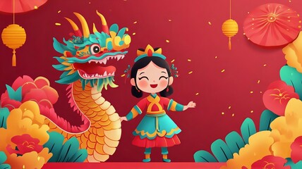 Naklejka premium Joyful of Asian Cultural Heritage with Mythical Dragon and Girl