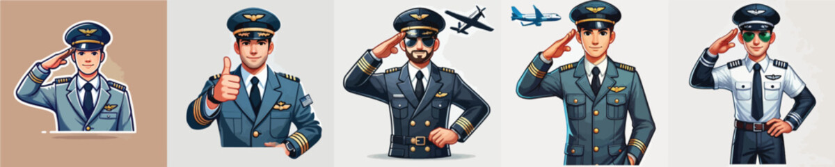 set of vector characters of a pilot saluting