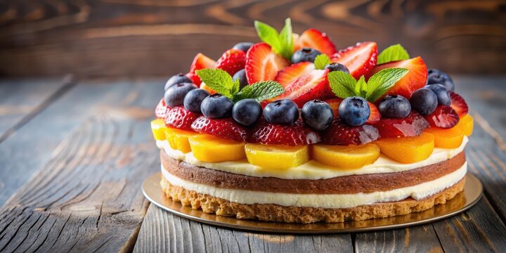 Una tarta de colores multicolore con capas de crema y frutas frescas, cubierta con una delgada capa de chocolate