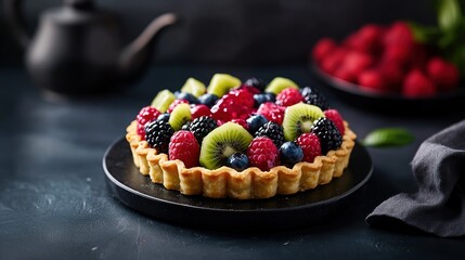 Vibrant fruit tart topped with assorted berries and kiwi on a dark surface with elegant tea set in the background