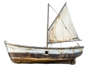 Isolated Old White Wooden Sailboat with Sail