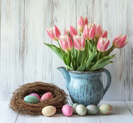 Obraz premium Beautiful Easter Arrangement with Pink Tulips and Colorful Decorated Eggs in Vintage Blue Pitcher and Nest on Rustic Wooden Background
