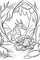 A magical dragon’s lair coloring book illustration featuring a dragon guarding a pile of treasure, glowing crystals embedded in the cave walls, and a knight cautiously entering. Add intricate 