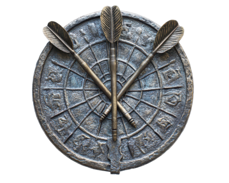 Isolated Antique Dartboard with Crossed Darts