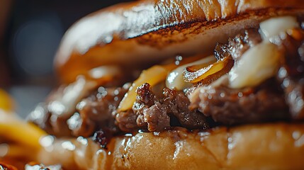 Close-Up of Delicious Philly Cheesesteak Sandwich with Toppings
