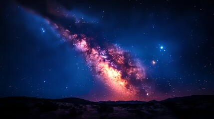 Vibrant Milky Way galaxy rising over a dark, mountainous landscape at night.