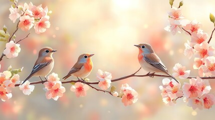 Three birds perched on a blossoming cherry branch.