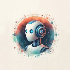 A futuristic robot with blue eyes and intricate design, surrounded by a cosmic and technological background