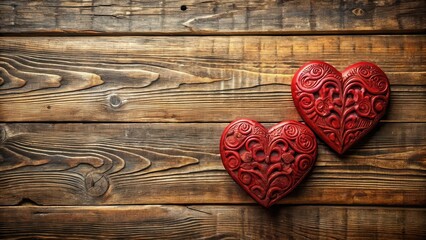 Fototapeta premium Two red hearts carved into a wooden plank with intricate patterns and textures , intimate setting, Valentine's Day aesthetic