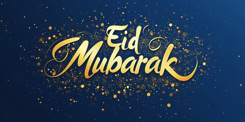 Gold Eid Mubarak calligraphy on sapphire blue background banner
