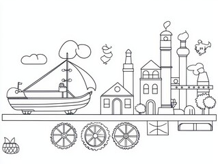 Naklejka premium A magical steampunk coloring book scene featuring an airship docked in a floating city, with gears and pipes decorating the buildings. Include characters wearing goggles and top hats, and intricate 