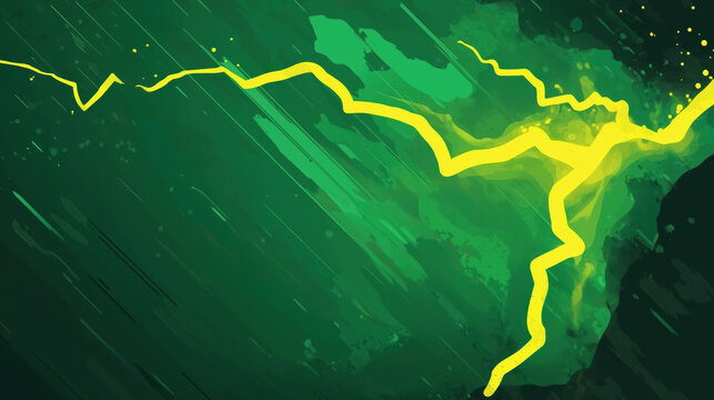 a green background with yellow lightning, with a flat design and simple shapes. This has a dark fantasy theme, suitable for a fantasy game concept art. The design features simple shapes and flat color