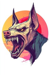Obraz premium Aggressive snarling dog-like creature head illustration with sharp fangs against a sunset background.