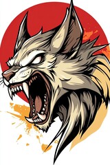 Obraz premium Aggressive, snarling lynx head illustration against a red sun graphic.