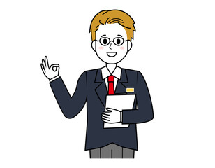 接客をする男性販売員のイラスト　男性のビジネスマンの上半身イラスト