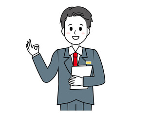 接客をする男性販売員のイラスト　男性のビジネスマンの上半身イラスト