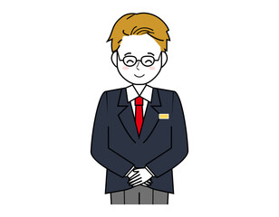 接客をする男性販売員のイラスト　男性のビジネスマンの上半身イラスト