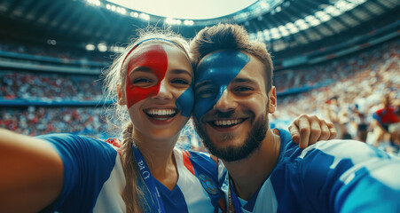 A couple shares a joyful moment capturing a selfie at a bustling sports event, their faces adorned with colorful paint, surrounded by enthusiastic fans and vibrant energy.