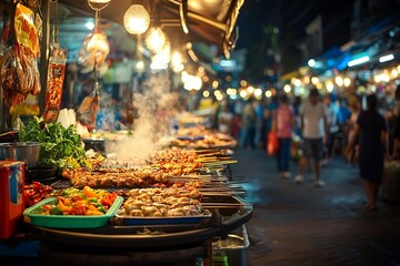 Night market food stalls with grilled meats and crowds.
