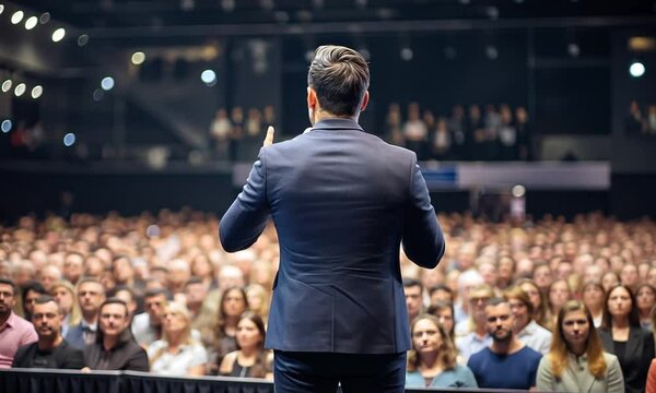 Male motivational speaker explaining his ideas with hand articulation in front of conference hall audience full of people