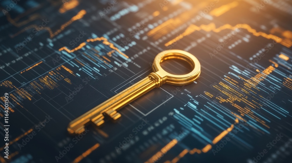 Poster golden key on digital background with data graphs and charts